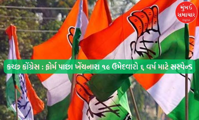કચ્છ કોંગ્રેસની મોટી કાર્યવાહી:  ફોર્મ પાછા ખેંચનારા ૧૯ ઉમેદવારો ૬ વર્ષ માટે સસ્પેન્ડ