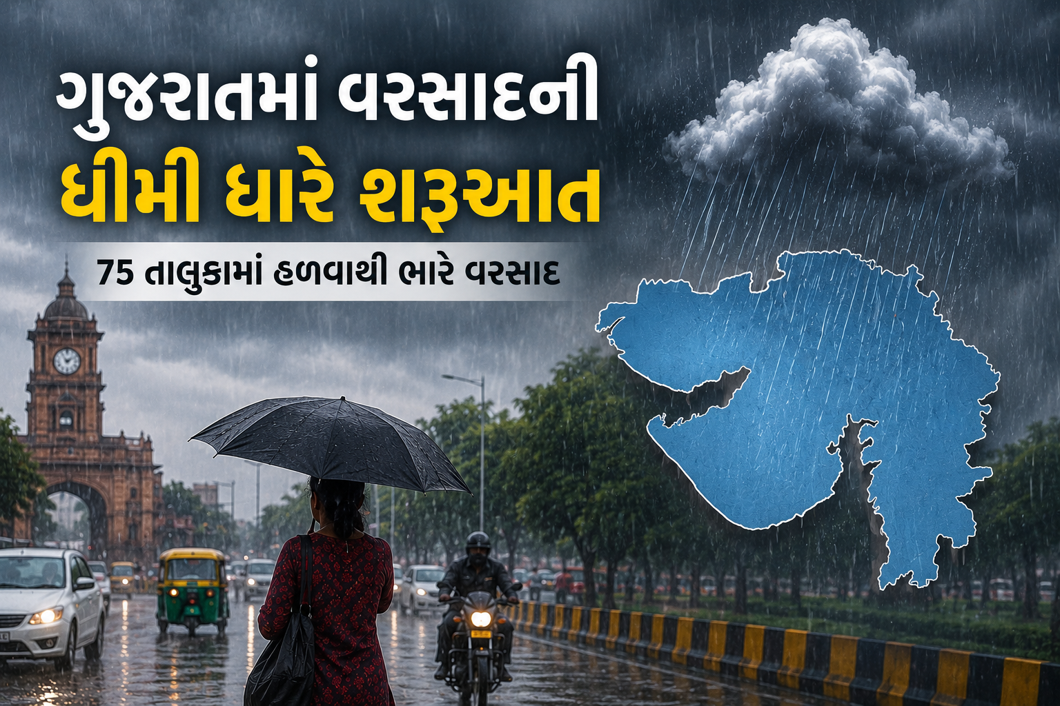 ગુજરાતમાં મેઘરાજાની એન્ટ્રી: છેલ્લા 24 કલાકમાં 75 તાલુકા ધમરોળાયા, હાલોલમાં સાડા ચાર ઇંચ સાથે સૌથી વધુ વરસાદ