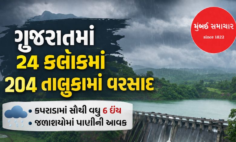 ગુજરાતમાં 24 કલાકમાં 204 તાલુકામાં વરસાદ: કપરાડામાં સૌથી વધુ 6 ઇંચ, જળાશયોમાં પાણીની આવક
